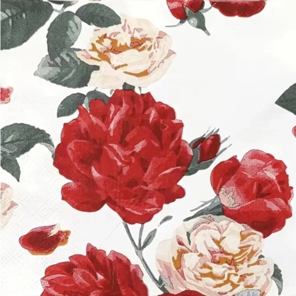 Two (2) Individual Red and Cream Roses Decoupage Luncheon Size Napkins